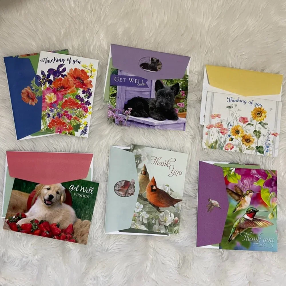6 Assorted Greeting Cards Animals & Flowers matching print envelopes